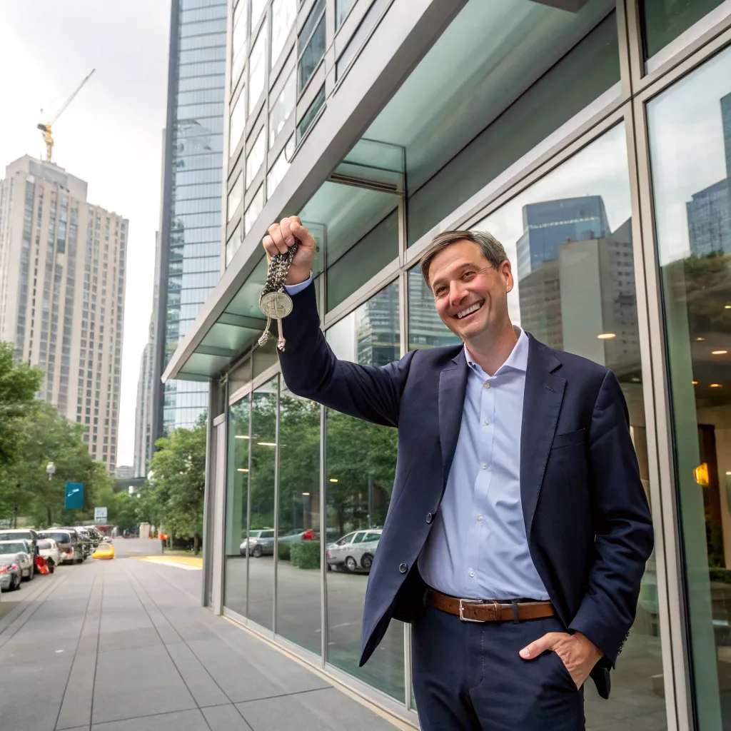 Thomas Bennett standing in front of his tech office, holding a set of new keys